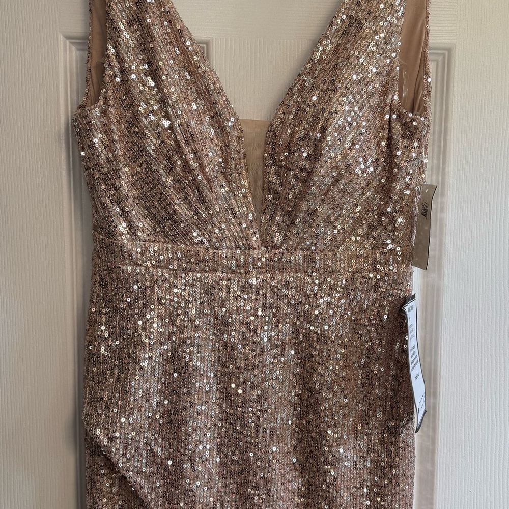 Crystal Doll Gold Sequin Plunge Neck Sheath Dress